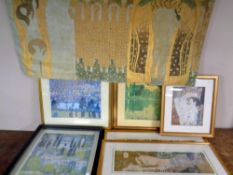 Six gilt framed prints and a wall hanging depicting works by Gustav Klimt