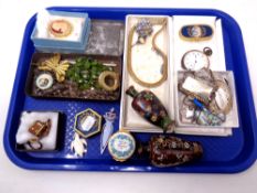 A tray of silver plated decanter labels, gun metal pocket watch, costume jewellery,