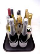 A tray of eleven bottles of wine including Avery's Brut Cava, Shablis 2011,