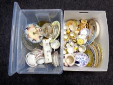 Two boxes containing 20th century pressed glass ware, Royal Doulton coffee china,