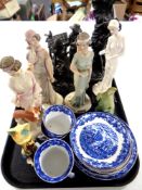 A tray of Phoenix blue and white Florentine tea cups and saucers, Old Tupton ware figure of a cat,