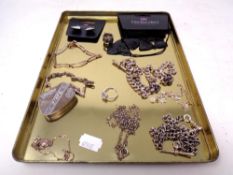 A tray of silver jewellery, Albert chain with t-bar, dress ring,