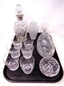 A tray of glass decanter with silver stopper, frosted glass vase, cut glass tumblers,