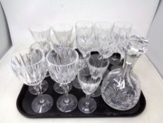 A tray of cut glass decanter with stopper,