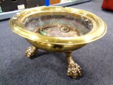 A large circular brass planter on claw and ball feet,