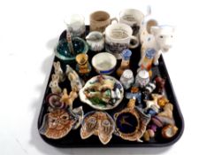A tray of Wade ornaments, Thomas Bewick commemorative mugs, Whimsies,