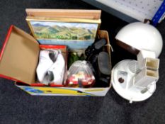 A box of pair of Boots Admiral binoculars, Lego, camera,