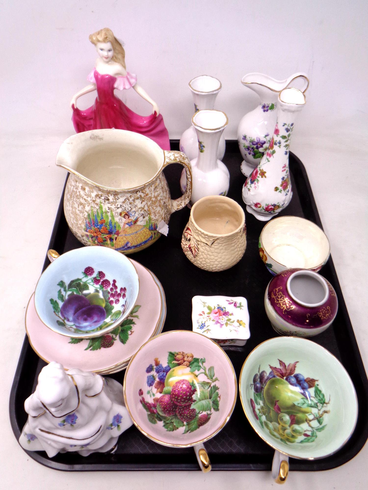 A tray of Royal Doulton figure - Emma HN 3714, vases , Hammersley trinket dish,