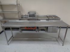 A stainless steel prep table,