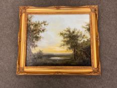 An oil on board depicting a landscape with two figures, signed with initials and dated '22,