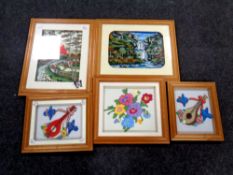 Five pine framed fabric pictures
