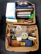Two boxes of glassware, decanters, silver plated gallery trays, battleship games,
