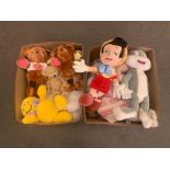 Two boxes containing twenty seven soft toys - Teddy bears, Pinocchio, Bugs Bunny, etc, etc.