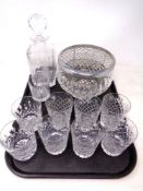 A tray of cut glass rose bowl, Robbie Burns decanter with stopper,