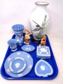 A tray of Franklin porcelain vase on stand, quantity of Wedgwood Jasperware, vase,