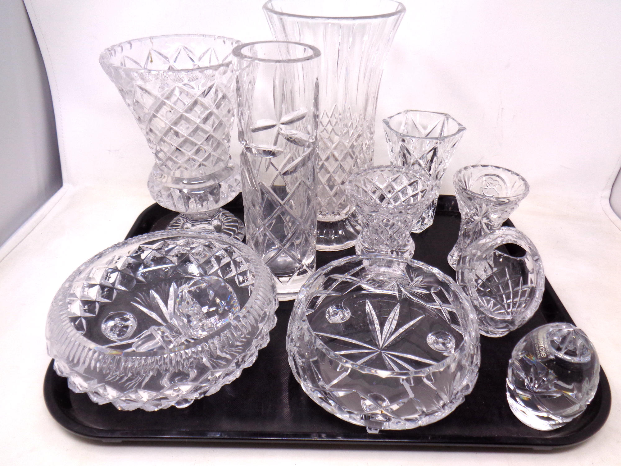 A tray of 20th century cut glass, vases, basket,