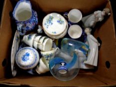 A box of Ringtons blue and white china, Regency harebell part tea set,