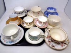 A tray of various tea cup and saucer sets including Wedgwood, Villeroy & Boch,