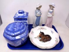 A tray of Ringtons and Maling blue and white caddies, Beswick foal figure,