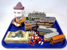 A tray of die cast trams, Corgi, reproduction Jester money box,