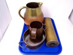 A tray of brass ammunition shell, copper tankard and twin handled pot,
