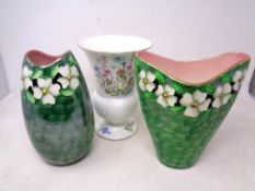 Two Maling green lustre vases together with an Aynsley wild Tudor vase