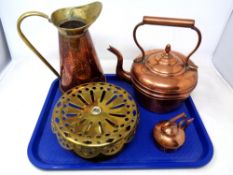 A tray of two copper kettles, copper and brass jug,