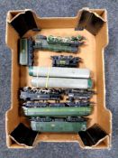 A box of die cast rolling stock including Hornby, Mammoth locomotive,