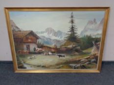 A 20th century oil on canvas : Alpine farm scene