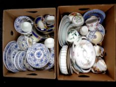 Two boxes of Johnson brothers blue and white china,