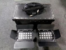 A pair of LEDJ Q colour projection lights with case, manuals, leads and controller.