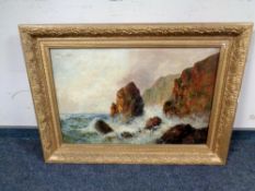 Joel Owen : Waves crashing against cliffs, oil on canvas,