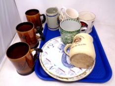 A tray of pottery tankards including Royal Bradwell,