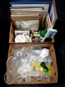 Two boxes of cut glass, vases, champagne flutes, ornaments,
