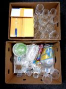 Two boxes of 20th century glass ware, wine glasses,