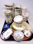 A tray of three graduated Burslem Art Nouveau jugs, Wedgwood trinket box,