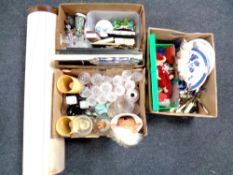 Three boxes of 20th century ornaments, glassware, mirrors, stainless serving tray, pictures etc,