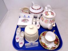 A tray of Royal Albert Old Country Roses cup and saucer, teapots including Melba ware, Colclough,
