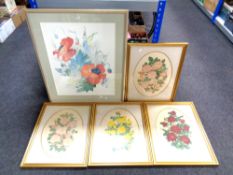 A contemporary framed print depicting poppies together with four further gilt framed prints after