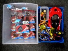 Two crates of hot wheels star wars toys,