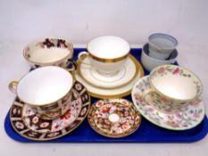 A tray of Royal Crown Derby tea cup and saucer, Masons Mandarin teacup,