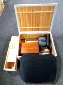 A lidded basket containing wooden trinket box , pair of binoculars,