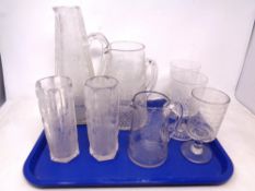 A tray of hexagonal etched glass jug, similar pair of vases,