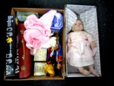 Two boxes of doll, Royal Doulton mugs, The Beatles jigsaw, artist paint box,