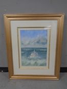 A David Welsh watercolour depicting boat at sea, framed.