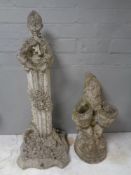 Two concrete garden ornaments : gnome planter and sprite on column