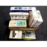 A box of approximately 10 mostly 1:35 scale military and other modelling kits including Tamiya etc