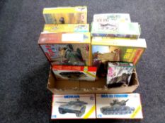 A box of approximately 10 mostly 1:35 scale military modelling kits including Nitto,