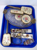 A tray of petit point dressing table items, quantity of costume jewellery,