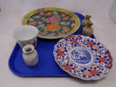 A tray of Oriental pottery charger, Imari plate, pair of small cloisonne vases,